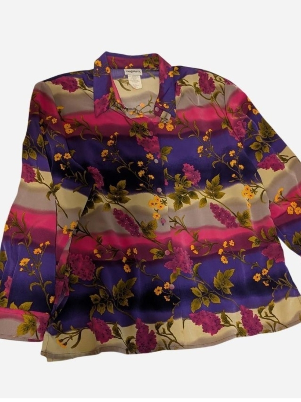 Pre-owned BonWorth Multicolor Floral Button-Front Blouse in Purple, Pink, Yellow